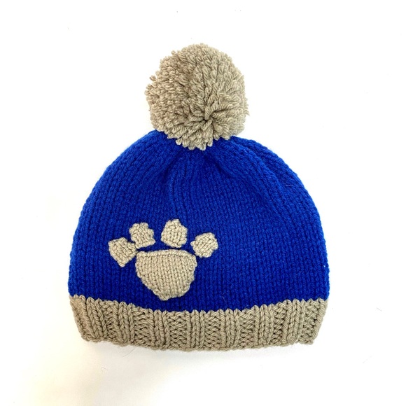 Hand Knit Couples Blue and Gray Beanie Hat Set with Paw Print and Pom Pom - Picture 9 of 9